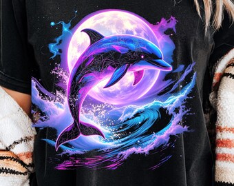 Neon Dolphin Graphic Tee, Retro Synthwave Ocean Shirt, Unisex Comfort Colors