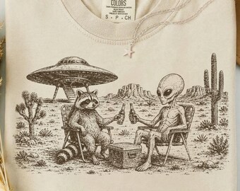 Vintage Alien Raccoon Desert Graphic Tee, Retro UFO Cowboy Shirt