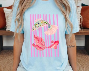 Comfort Colors Colorful Fish Shirt, Pink Striped Ocean Tee, Maximalist Tropical Fish Trio T-Shirt