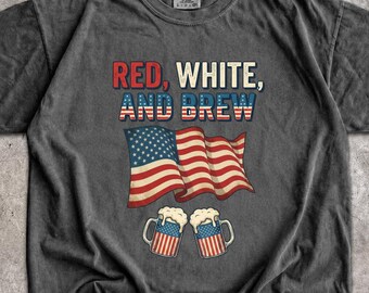 Red White Brew Shirt, Distressed American Flag Beer Mugs Tee