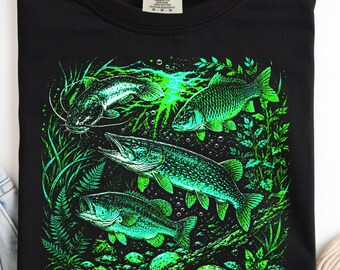 Neon Freshwater Fish T-Shirt, Pike Bass Catfish Carp Graphic Tee, Retro Angler Apparel