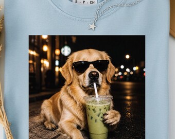 Comfort Colors Funny Golden Retriever Drinking Iced Matcha Latte T-shirt , Funny Dog Lover Tee