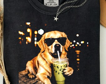 Comfort Colors Funny Golden Retriever Drinking Matcha Latte T-shirt , Coffee Lover Tee