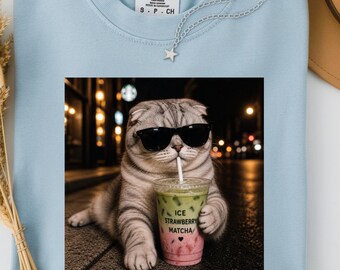 Comfort Colors Cat Drinking Iced Matcha Latte T-shirt, Funny Animal Meme Tee