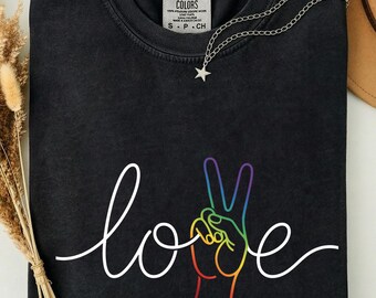 Comfort Colors Rainbow Love Hand Line Art Pride T-Shirt, LGBTQ Equality Tee