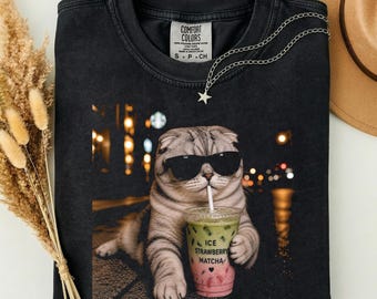 Comfort Colors Funny Cat Drinking Iced Strawberry Matcha T-Shirt, Funny Animal Meme Tee