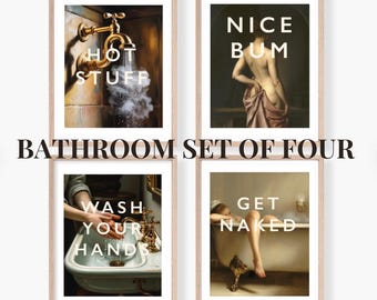 Bathroom Set of 4 Wall Art Prints Gallery Wall Bundle Funny Renaissance Style Cheeky Text Humour Bold Quirky Edgy Decor