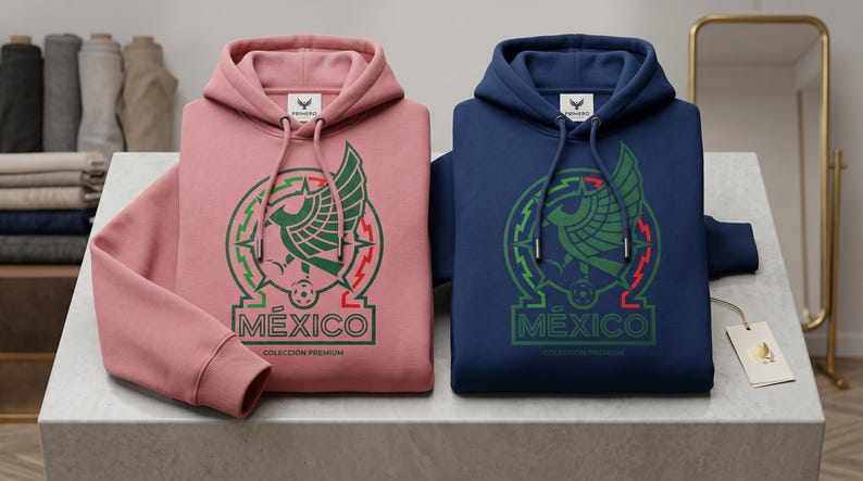 Pu&ograve; includere: Due felpe con cappuccio, una rosa polvere e una blu navy, ciascuna con la grafica di un'aquila stilizzata, la parola MEXICO e il testo COLECCI&Oacute;N PREMIUM. Entrambi i capi presentano cordini abbinati e un'etichetta del marchio sul colletto.