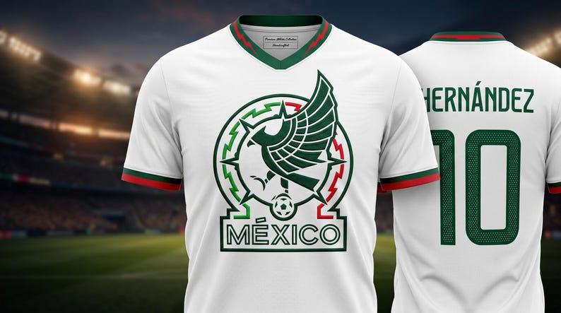 Pu&ograve; includere: Una maglia da calcio bianca con un emblema di un'aquila verde sopra la scritta M&Eacute;XICO sul davanti. Le maniche e il colletto a V presentano bordi verdi e rossi. Sul retro sono riportati il nome HERN&Aacute;NDEZ e il numero 10 in verde scuro.
