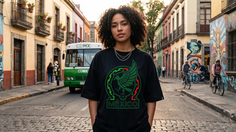 Pu&ograve; includere: Una t-shirt nera a maniche corte con una stampa grafica di un emblema d'aquila verde con accenti rossi e bianchi e il testo MEXICO centrato sul petto. Il design include un bordo circolare e un'icona di un pallone da calcio.