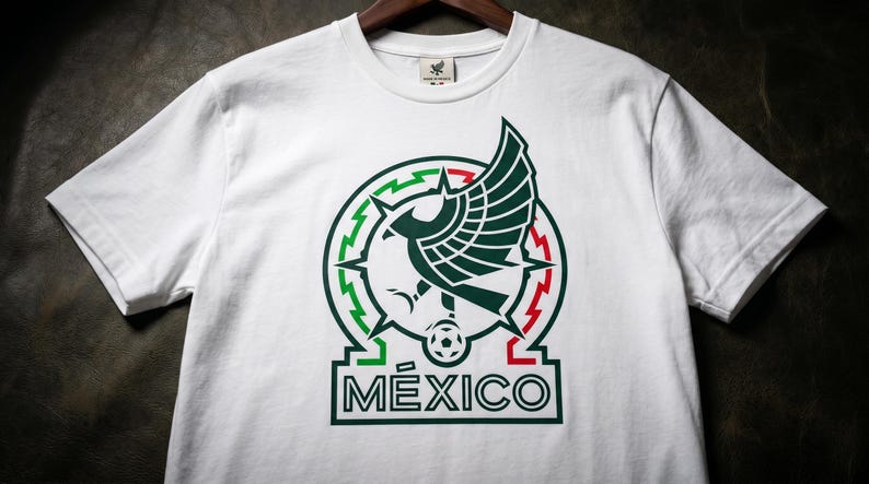 Pu&ograve; includere: Una t-shirt bianca a maniche corte con una grafica centrale raffigurante un'aquila stilizzata in verde scuro, posizionata sopra un pallone da calcio. Il design &egrave; incorniciato da un bordo circolare verde, bianco e rosso, con la scritta M&Eacute;XICO in verde scuro.
