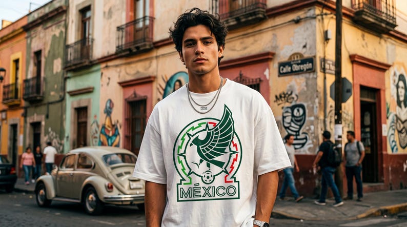 Pu&ograve; includere: Una t-shirt bianca a maniche corte con una grande stampa grafica sul petto. Il design mostra un emblema stilizzato di un'aquila verde con accenti rossi e la parola M&Eacute;XICO stampata in grassetto con lettere maiuscole verdi sotto la grafica.