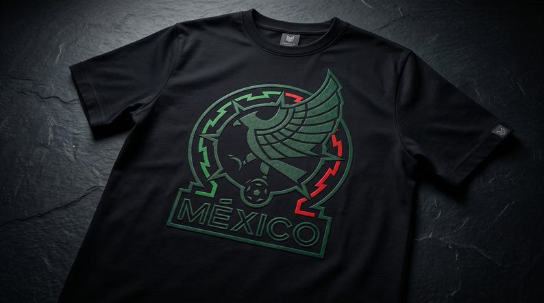 Pu&ograve; includere: Una t-shirt nera a maniche corte con una grande grafica sul petto. Il design include un'aquila stilizzata in verde scuro, un pallone da calcio e la parola M&Eacute;XICO in lettere in grassetto, incorniciata da un bordo circolare con accenti verdi e rossi.
