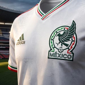 Pu&ograve; includere: Una maglia da calcio bianca Adidas con lo stemma della nazionale messicana sul petto. La maglia presenta un colletto a V e bordi delle maniche decorati con strisce verdi, bianche e rosse. L'emblema del Messico include un'aquila e un pallone.