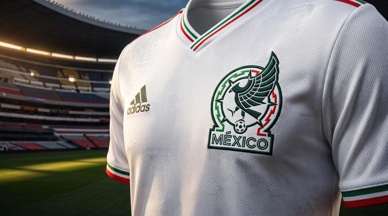 Pu&ograve; includere: Una maglia da calcio bianca Adidas con lo stemma della nazionale messicana sul petto. La maglia presenta un colletto a V e bordi delle maniche decorati con strisce verdi, bianche e rosse. L'emblema del Messico include un'aquila e un pallone.