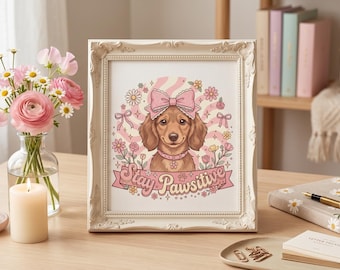 Può includere: Una stampa incorniciata con un bassotto dei cartoni animati con fiocco e collare rosa, circondato da fiori. La stampa ha il testo "Stay Pawsitive" su uno striscione. La cornice è bianca con dettagli ornati. L'immagine è su un tavolo di legno con fiori e candele.