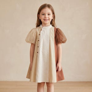 May include: A beige and brown dress with a high collar and puff sleeves. The dress features a checkered panel down the front, with brown buttons and a solid brown panel on the right side. The sleeves are sheer and puffy.