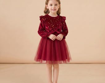 Abito da festa in tulle per bambina, con maniche lunghe, perfetto per le vacanze.