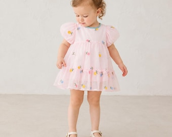 Vestido de tul floral para niña pequeña, conjunto de fiesta con mangas abullonadas, ropa para ocasiones especiales de niña de las flores