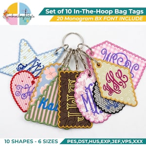 May include: A set of 10 embroidered in-the-hoop bag tags attached to a metal keyring. The tags feature various shapes including stars, hearts, and rectangles with scalloped edges, decorated with diverse patterns and monogrammed embroidery text.