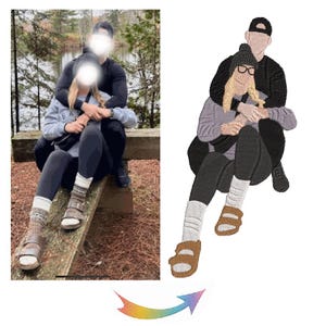 May include: An embroidered design depicts a couple embracing. The woman wears a gray sweater, black leggings, and brown sandals. The man is in a black jacket and cap. The artwork is a stylized representation of a couple.