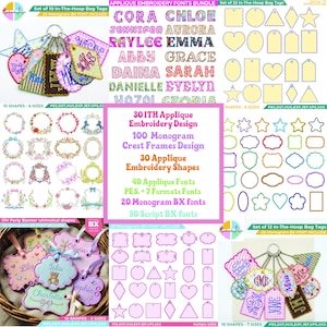 Pacote de designs de bordado | Pacote de apliques para etiquetas de bolsas ITH | Designs de apliques ITH | Molduras para brasões de monogramas | Pacote de fontes BX | Loja completa