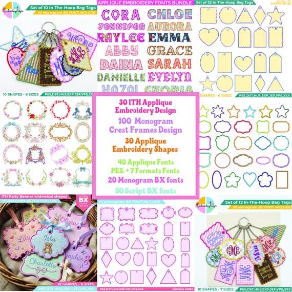 Embroidery designs bundle | ITH Bag Tag Shapes Applique Bundle l ITH Applique Designs | Monogram Crest Frames | BX Fonts Bundle | Whole Shop
