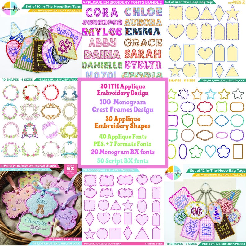 Broderipaket | Paket med applikationer för väsketiketter | Paket med applikationer för monogramvapen | Paket med BX-typsnitt | Hela butiken bild 1