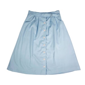 Vintage 70s Womens 24 Waist Skirt Light Blue Button Front A Line Poly Pastel