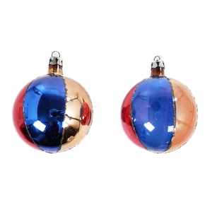 Vintage Poland Glass Ornaments Striped 1.75&quot; Red Yellow Blue Glitter 50s 60s