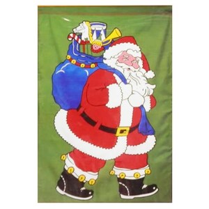 May include: A painted illustration of Santa Claus walking, carrying a blue sack filled with toys. Santa is dressed in a red suit with white trim, a black belt, and black boots with gold bells. The background is green.