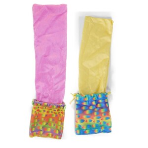 May include: Two fabric bags, one pink and one yellow, with drawstring closures. The pink bag has a colorful, patterned bottom. The yellow bag has a bottom with a rainbow-colored pattern. Both bags are on a white background.