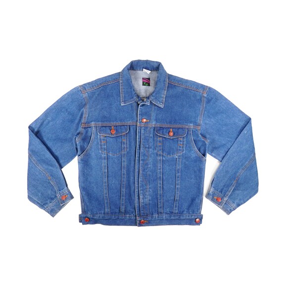 Vintage 80s Mujer XL Hombre L Azul Denim Jean Chaqueta Red Button