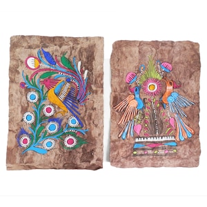 2 VTG Mexico Amate Paper Folk Art Colorful Neon Bird Floral Paintings 12&quot;