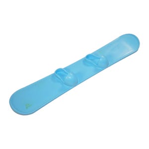 May include: A light blue plastic snowboard with two foot-shaped supports. The snowboard is designed for use in the snow and has a smooth, rounded shape. The supports are also light blue and are designed to hold the feet in place.