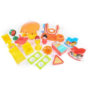 May include: A collection of colorful plastic toy playground equipment, including a swing set, seesaw, rocking horse, and a stop sign. The toys are in various bright colors, such as yellow, orange, red, and blue.