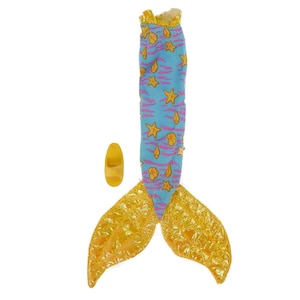 May include: A blue and yellow mermaid tail costume with a gold glitter finish. The tail has a blue fabric top with a seashell and starfish pattern. The tail is accompanied by a yellow plastic shoe.
