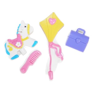 May include: A collection of colorful toy accessories, including a white horse with blue and pink accents, a pink comb, a yellow kite with a pink heart, and a purple briefcase. The toys are made of plastic and are designed for children.