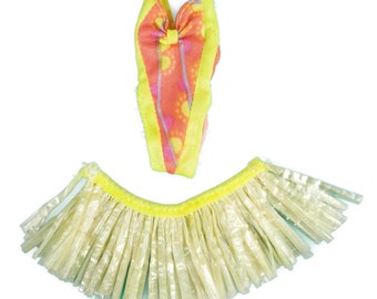 Vintage 1990 Barbie Hawaiian Fun Skipper Grass Skirt Yellow One Piece Swimsuit