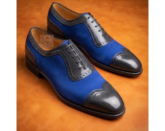 Men's Handmade Two Tone Blue Suede & Gray Leather Oxford Wingtip Formal Lace Up Shoes