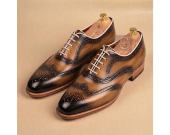 Handmade Men's Fashion Wear Tan & Black Shaded Brogue Shoes Oxford Wingtip Lace Up Shoes