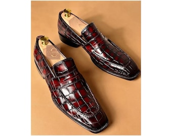 Handcrafted Men's Burgundy Croc Leather Print Slip On Moccasin Fashion Event Shoes