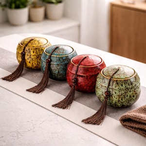 May include: Four ceramic jars with lids and tassels in yellow, teal, red, and green. The jars have a speckled glaze and are arranged on a striped runner. Each jar has a matching tassel.