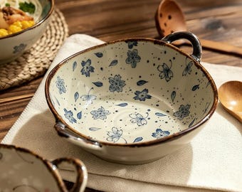 Tigela japonesa de cerâmica com alça para macarrão, ideal para sopa ramen, utensílio de mesa minimalista.