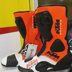 KTM Style Racing Boots, Orange Black & White Leather Sport bike Riding Footwear