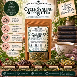 Puede incluir: Una bolsa marrón de té Maranatha Botanicals Cycle Syncing Support con ventana transparente que muestra los ingredientes. La etiqueta enumera hoja de frambuesa, sauzgatillo, ortiga, hoja de diente de león y manzanilla. Peso neto 28 g.