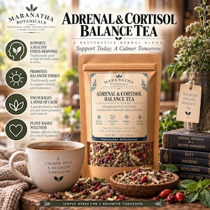May include: A tan pouch of Maranatha Botanicals Adrenal & Cortisol Balance Tea with a clear window showing dried herbs. The label lists ingredients like Ashwagandha Root and Rosehip. Net weight 1 oz (28 g). Includes a mug and wooden bowl.