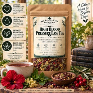 May include: A brown paper pouch of Maranatha Botanicals High Blood Pressure Ease Tea with a clear window showing dried herbs. The label lists hawthorn, hibiscus, linden flower, olive leaf, and lemon balm. Net weight is 1 oz. (28 g).
