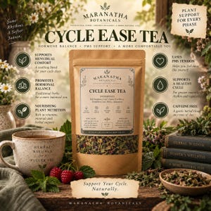 Könnte beinhalten: Ein brauner Papierbeutel mit Cycle Ease Tee von Maranatha Botanicals mit einem Sichtfenster für getrocknete Kräuter. Das Etikett listet Zutaten wie Himbeerblätter und Mönchspfeffer auf. Nettogewicht 28g. Eine Keramiktasse und lose Kräuter liegen daneben.