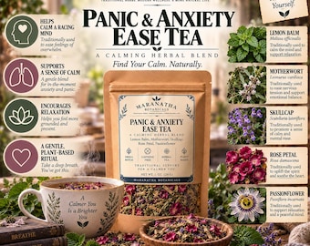 Puede incluir: Una bolsa marrón de té Panic & Anxiety Ease Tea de Maranatha Botanicals, peso neto 28 g. La etiqueta enumera ingredientes como toronjil y pasionaria. Una taza de cerámica con el texto A Calmer You Is a Brighter You se encuentra junto a un cuenco.